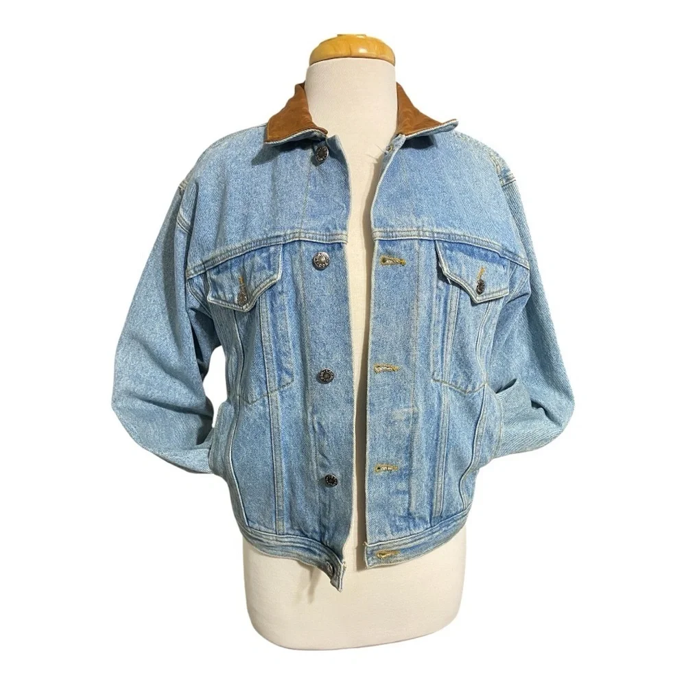 London Fog, Blue Denim Jacket with Brown leather Collar - Picture 1 of 15